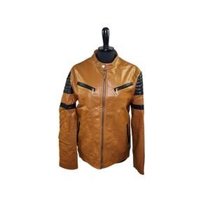 American Breed Faux Leather Moto Jacket Brown Black Faux Fur Lined M